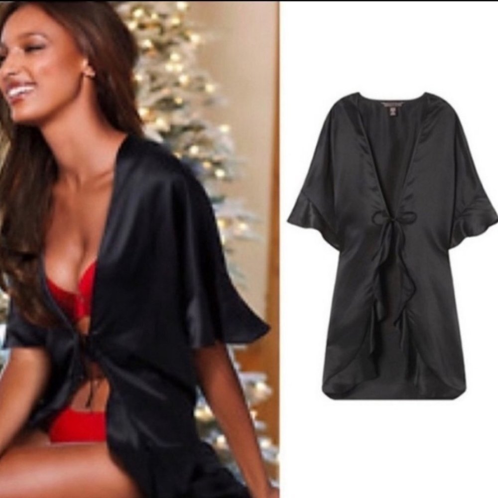 Victorias Secret Kimono Robe Womens One Size Black Satin Ruffle Tie Front Cover - Picture 2 of 15